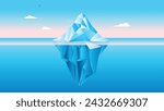 Iceberg vector illustration - Calm antarctic ocean scene with ice mountain in water showing half under water and other half on top of sea. Full screen background in flat design and blue colours