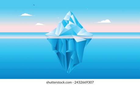 Iceberg vector illustration - Calm antarctic ocean scene with ice mountain in water showing half under water and other half on top of sea. Full screen background in flat design and blue colours