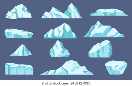 Iceberg. Vector illustration of ice mountains and blocks. Set of northern pictures. Theme of winter cold, nature of the north. Set suitable for themes of global warming, nature of the north, seas