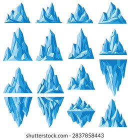 Iceberg vector set featuring various frozen arctic mountain shapes for environmental or winter design projects