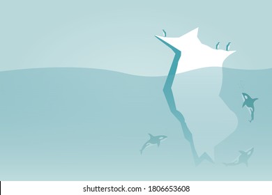 
Iceberg view underneath sea with dolphins and penguin animals Antarctica concept vector illustration