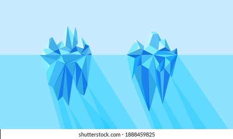 Iceberg visible and hidden parts floating in the arctic sea. North landscape with polygonal geometric iceberg. Vector illustration of blue floating glacier