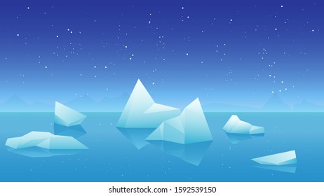 Icebergs arctic landscape blue starry sky background. Vector illustration of scenic cold blue horizontal illustration of icebergs, pure water and night sky.