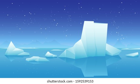 Icebergs arctic landscape blue starry sky background. Vector illustration of scenic cold blue horizontal illustration of icebergs, pure water and night sky.