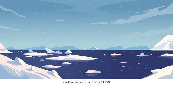 Icebergs floating in the sea with snow-covered mountains in the background. Light blue sky with scattered clouds. Concept of a cold, polar region. Vector illustration