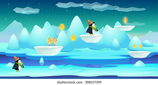icebergs game background 2d game application. Vector design. Tileable horizontally. Size 1024x512. Ready for parallax effect