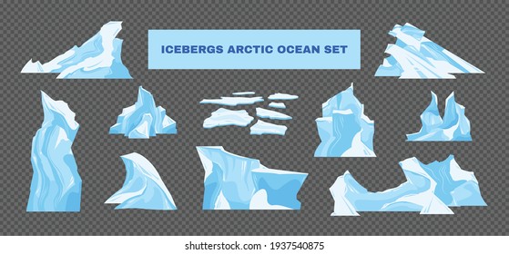 Icebergs images in arctic ocean set on transparent background isolated vector illustration