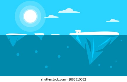 Icebergs are melting and floating in the oceans from the effects of global warming flat vector.