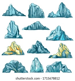 Icebergs or mountain rocks vector sketch icons. Hand drawn isolated cartoon icebergs and mountain rocks and frozen mount hills or icy glacier peaks in sketch hatching
