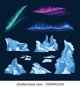 Icebergs and northern lights set of purple blue and green colors on black background isolated vector illustration