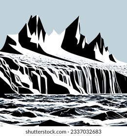 Icebergs in the ocean with mountains in the background, digitally rendered illustration. Computer generated image.