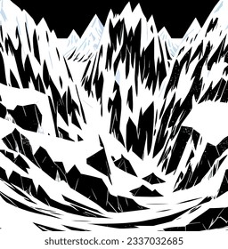 Icebergs in the ocean with mountains in the background, digitally rendered illustration. Computer generated image.