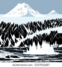 Icebergs in the ocean with mountains in the background, digitally rendered illustration. Computer generated image.