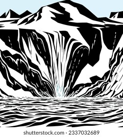 Icebergs in the ocean with mountains in the background, digitally rendered illustration. Computer generated image.