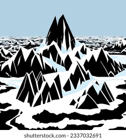 Icebergs in the ocean with mountains in the background, digitally rendered illustration. Computer generated image.