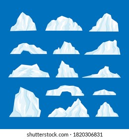 Icebergs set vector illustration isolated on white background in a cartoon flat style.  Antarctic and North Pole ice frozen mountain landscape. Large piece of freshwater blue ice