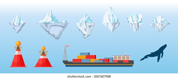 Icebergs, Buey con contenedores de metal, boyas de señalización y elementos de diseño de ballenas para infografías, capas de hielo aisladas o glaciares, navíos submarinos para la logística marítima. Vector