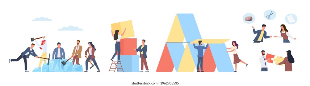Icebreaker activities. Team building games, people with hammers free colleague from ice block, connect puzzle, office employees rally together. Men and women cooperation vector cartoon set