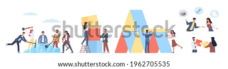 Icebreaker activities. Team building games, people with hammers free colleague from ice block, connect puzzle, office employees rally together. Men and women cooperation vector cartoon set
