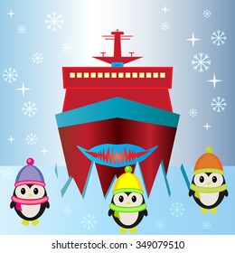 icebreaker in the Arctic with penguins. vector illustration