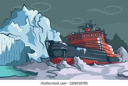 Icebreaker in the ice of the Arctic Ocean. 