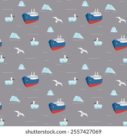 Icebreaker and icebergs seamless pattern. Cute Cartoon arctic nature background. Vector Illustration.