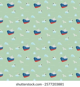 Icebreaker and icebergs seamless pattern. Cute Cartoon arctic nature background. Vector Illustration.