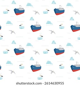 Icebreaker and icebergs seamless pattern. Cute Cartoon arctic nature background. Vector Illustration.