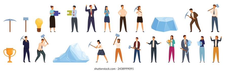 Iconos de rompehielos conjunto vector de dibujos animados. Carrera de equipo de personas. Éxito empresarial