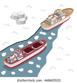 Icebreaker leads ship. Isometric. Vector illustration.