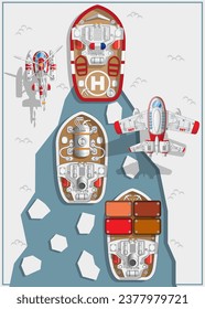 Icebreaker leads ship. View from above. Vector illustration.