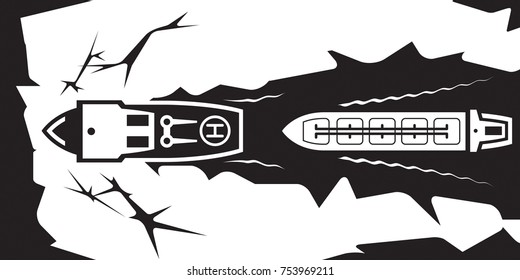 Icebreaker makes water  canal for tanker - vector illustration