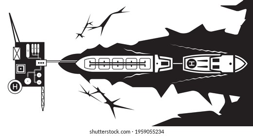 Icebreaker moves a tanker through frozen sea to the oil rig - vector illustration