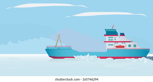 Icebreaker in the ocean. Vector illustration. Eps 10.