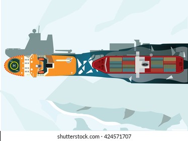 Icebreaker paves the way for other ship. Vector illustration.