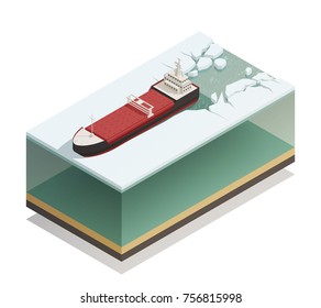 Icebreaker ship afloat breaking ice with thick water layer beneath vessel isometric model composition vector illustration 