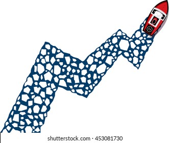 Icebreaker ship with business graph path on broken white ice background. Vector illustration.