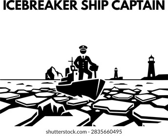 Icebreaker Ship Captain Vector Icon - Arctic Vessel Navigating Through Frozen Sea Ice Pack With Lighthouse - Flat Design Illustration