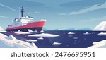 Icebreaker ship navigating through icy waters with snow-capped mountains in the background, flat illustration style, arctic expedition concept. Vector illustration