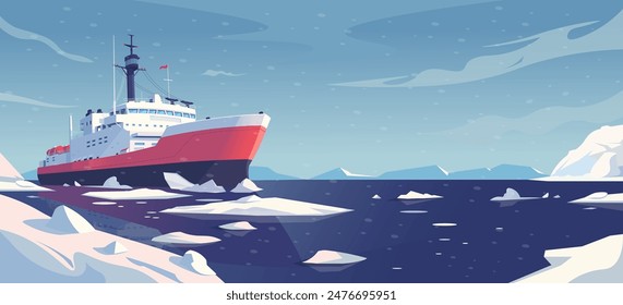 Icebreaker ship navigating through icy waters with snow-capped mountains in the background, flat illustration style, arctic expedition concept. Vector illustration