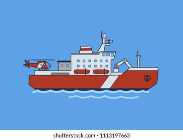 Icebreaker ship in the sea. Flat vector illustration. Isolated on blue background.