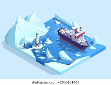 Icebreaker vessel in arctic ocean create northern cargo way. Nuclear powered industrial ship sailing in Antarctica. Navigation lighthouse in snowy weather. Winter nautical travel. Vector illustration