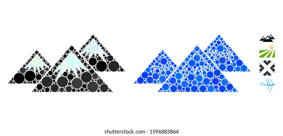 Icecap mountains composition of spheric dots in different sizes and color tinges, based on icecap mountains icon. Vector dots are organized into blue composition.