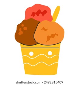 Ice-cream balls in takeaway paper cup. Strawberry and chocolate ice cream , decorated with sprinkles. Cold frozen dessert, sweet dairy snack in cardboard mug, bucket. Vector illustration isolated