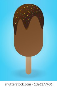 Icecream bar with chocolate glazed and rainbow. Center of picture is copyspace.Design in flat design concept.