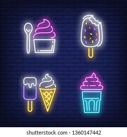 Ice-cream bars, cone and desserts neon signs set. Dessert, cafe and food design. Night bright neon sign, colorful billboard, light banner. Vector illustration in neon style.