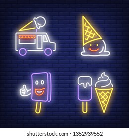 Ice-cream bars, cones and truck neon signs set. Dessert, cafe and food design. Night bright neon sign, colorful billboard, light banner. Vector illustration in neon style.