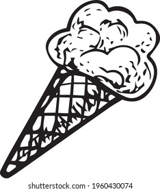 Ice-cream black and white icon. Isolated element on white background. Digital illustration made after hand drawn sketch. For street food restaurants, cafe, menu decoration.