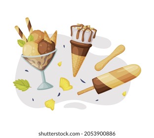 Ice-cream Bowl and Eskimo Served with Chocolate and Nuts as Frozen Dessert and Snack Vector Composition