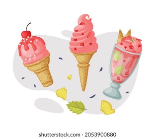 Ice-cream Bowl and Sundae in Waffle Cone with Sprinkle as Frozen Dessert and Snack Vector Composition